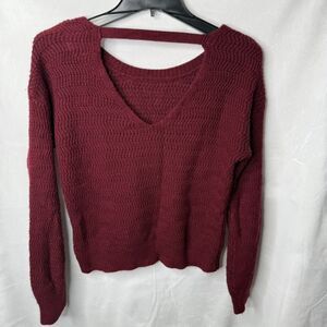 PINK ROSE Double-Sided V or U NECK SOFT OPEN BACK PULLOVER SWEATER BURGUNDY S